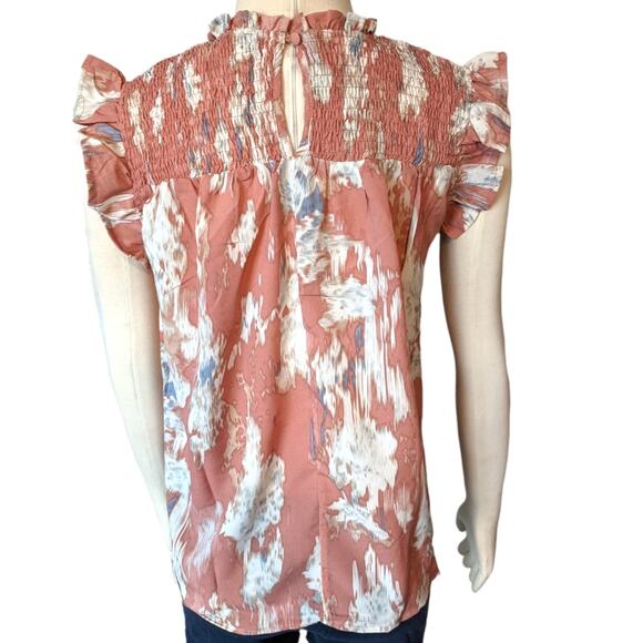 Pink Watercolor Smocked Top Ruffle Sleeves Medium NEW - Picture 11 of 14